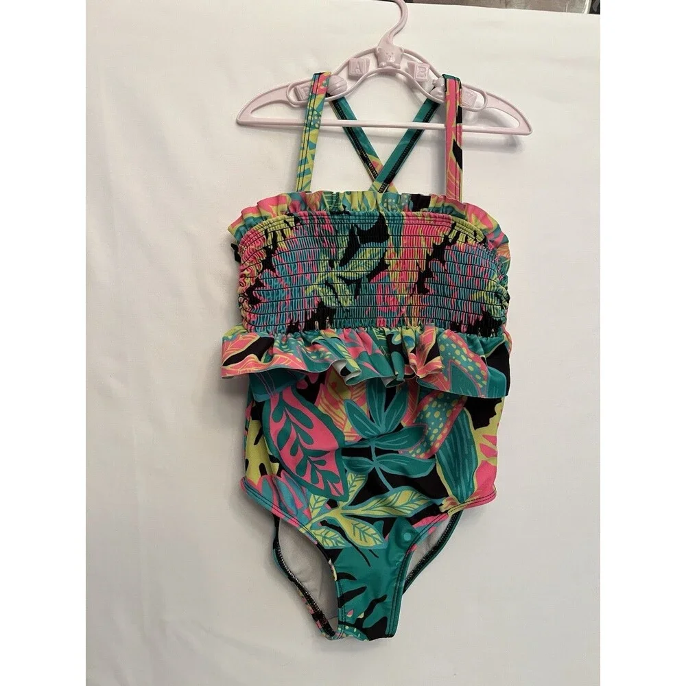 Cat & Jack Girls 3T Tropical Floral Ruffle One-Piece Swimsuit, Multicolor